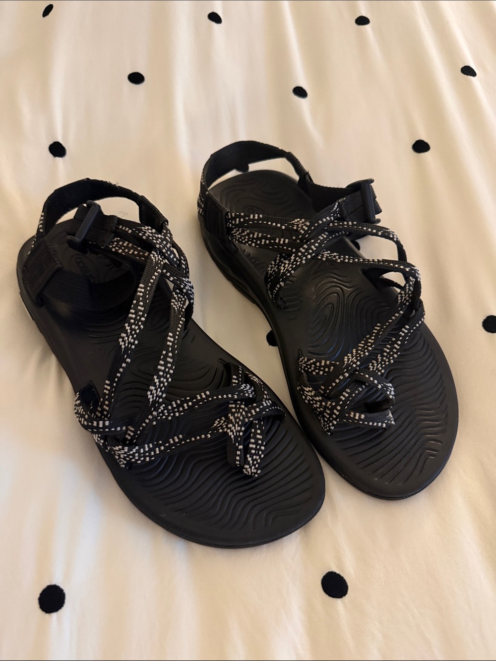 Chaco Women's Black Sandals with White-Dotted Rope Straps